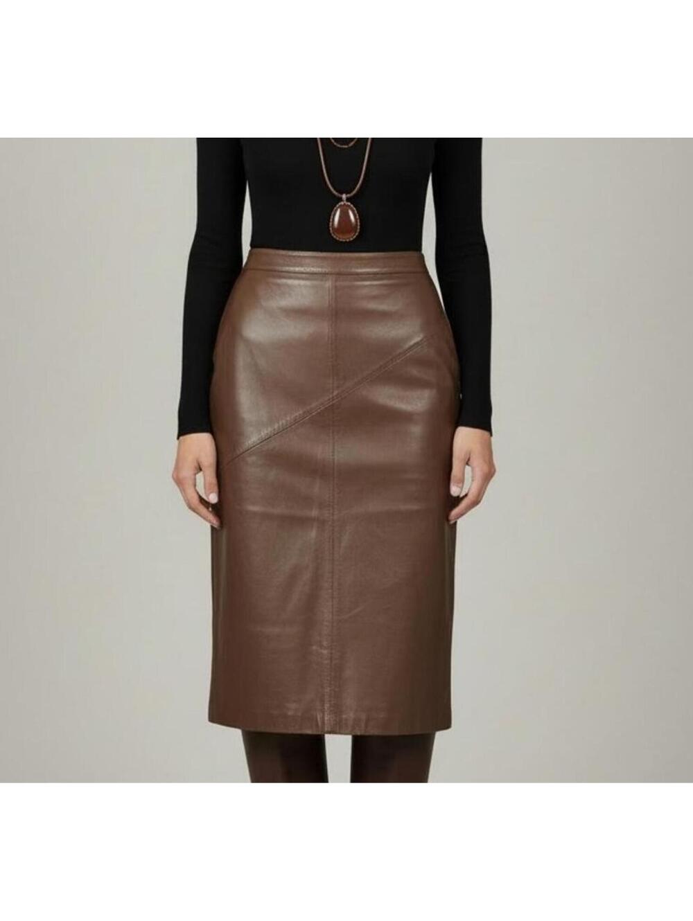 Vintage Savion Brown Leather Midi Skirt with Diagonal Seams Size 10